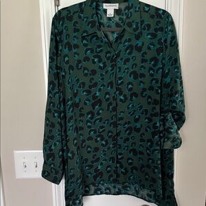 Green and Black Leopard Print Button Down Shirt